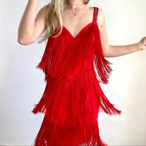 Red Tiered Fringe 1920’s Flapper Dress Small - Picture 15 of 16